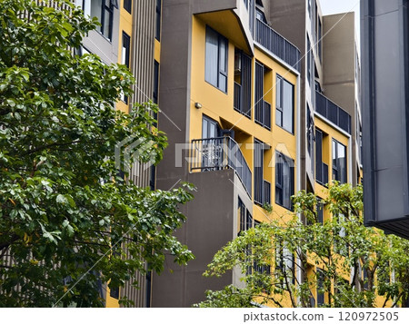 Detailed view of windows, doors and balconies of city buildings  120972505