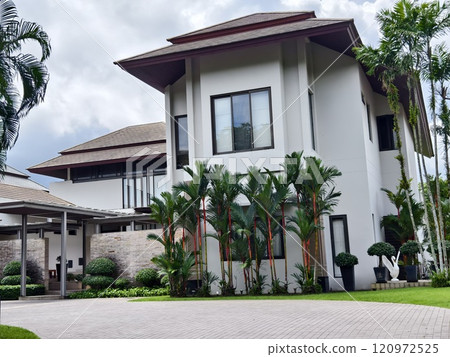 Detailed view of windows, doors and balconies of city buildings  120972525