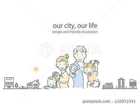 一個健康的四口之家的框架和一個簡單時尚的線條畫插圖。 120972541