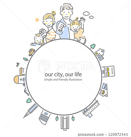 一個健康的四口之家的框架和一個簡單時尚的線條畫插圖。 一個健康的四口之家的框架和一個簡單時尚的線條畫插圖。 120972543