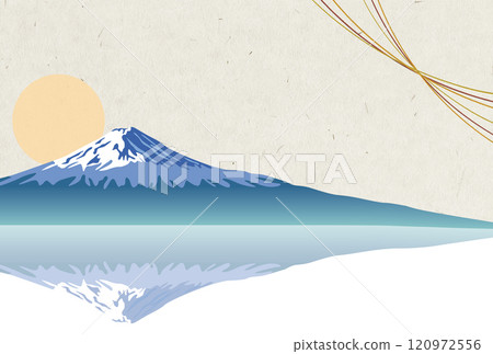 富士山在早晨升起和倒置富士山的新年賀卡的日本紙材料 120972556
