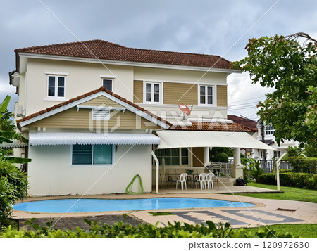 Detailed view of windows, doors and balconies of city buildings  120972630