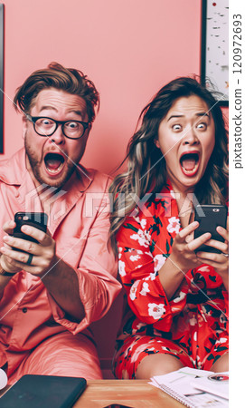 Shocked Couple Reacting to Smartphones in Colorful Outfits Amid Workspace Clutter 120972693