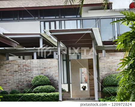 Detailed view of windows, doors and balconies of city buildings  120972824