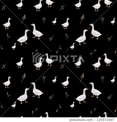 Watercolor seamless pattern with goose farm bird and ears of wheat. Tender illustration on a isolated on background. Repeat wallpapers with hand drawn illustration domestic birds and autumn harvest. 120972897