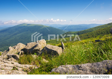 carpathian mountain landscape in summer. stone on the slope. alpine scenery with grassy hills. green nature background. vacation in europe 120973009