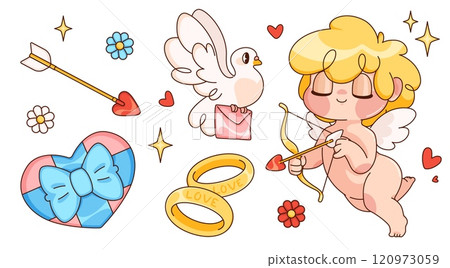 Cupid character, golden rings and love gifts set Cupid character, golden rings and love gifts set 120973059