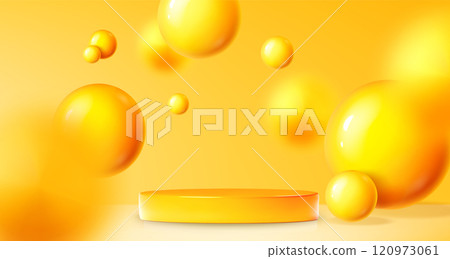 Yellow studio with podium and floating spheres Yellow studio with podium and floating spheres 120973061