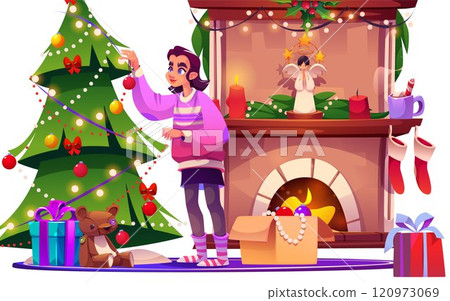 Woman decorate home Christmas tree near fireplace Woman decorate home Christmas tree near fireplace 120973069