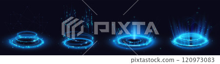 Neon blue light circles set isolated on black 120973083