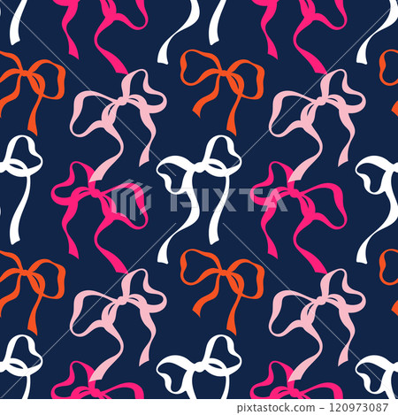 Cute coquette pattern seamless white pink orange ribbon bow. Cute feminine romantic background for textile, fabric, wallpaper, wrapping. 120973087