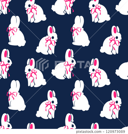 Easter seamless pattern with cute white rabbits in pink bows on a dark blue background. Repeating print for fabric, wrapping paper, textile, wallpaper 120973089