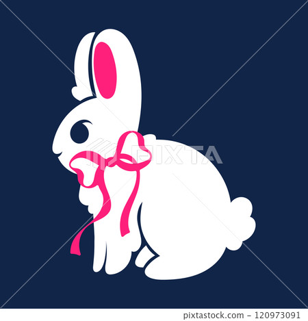Easter cute white rabbit with pink bow. Illustration in ballet coquette core style on dark blue background. Print for children's women's clothing. Easter cute white rabbit with pink bow. Illustration in ballet coquette core style on dark blue background. Print for children's women's clothing. 120973091