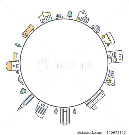 Cityscape circular frame: simple and stylish line drawing illustration 120973112