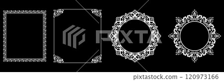 Set of decorative frames Elegant vector element for design in Eastern style, place for text. Floral black and white borders. Lace illustration for invitations and greeting cards. Set of decorative frames Elegant vector element for design in Eastern style, place for text. Floral black and white borders. Lace illustration for invitations and greeting cards. 120973166