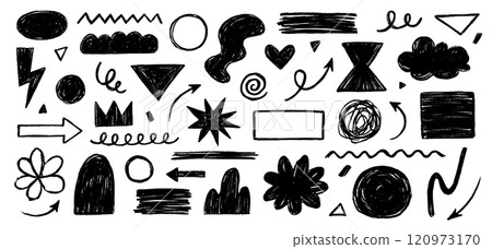 Pencil crayon brush line stroke. Brush crayon pencil chalk texture effect doodle shape. Vector hand drawn marker stroke background set of abstract design graphic figure. Vector 120973170