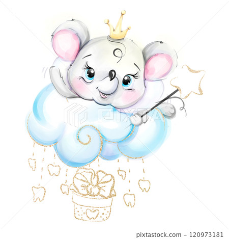 Watercolor tooth fairy with a magic wand and greeting. Cartoon dental princess mouse. Medical kids illustration for print, textile, design and decoration 120973181