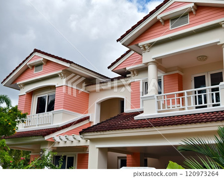 Detailed view of windows, doors and balconies of city buildings  120973264