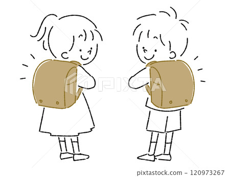A child with a backpack on his back looking back A child with a backpack on his back looking back 120973267