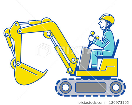 戴著頭盔駕駛挖土機的男工人 戴著頭盔駕駛挖土機的男工人 120973305