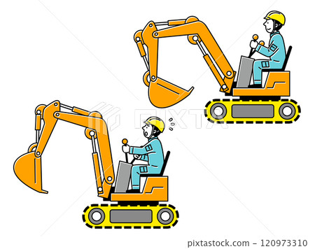 Illustration set of a male worker wearing a helmet and driving a shovel 120973310