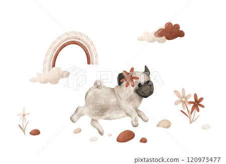 Poster with beige cartoon animal pug and clouds with rainbow and flower. Template postcard for text for Baby Party. Illustration dog scandinavian style on isolated background 120973477