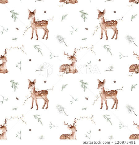 Seamless pattern with watercolor of Christmas tree and pine branches, needle and baby deer with garland. Hand painted fir cone and animals illustration on isolated. Repeat background for new year. Seamless pattern with watercolor of Christmas tree and pine branches, needle and baby deer with garland. Hand painted fir cone and animals illustration on isolated. Repeat background for new year. 120973491