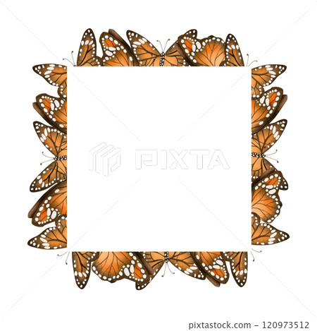 Orange and black butterflies square frame with copy space watercolor isolated illustration. Summer and fall flying monarch template in autumn colors 120973512