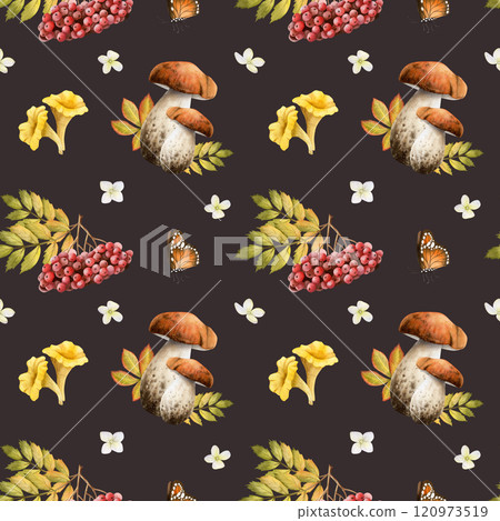 Forest porcini mushrooms with fall leaves, rowan berries, butterflies and tiny flowers watercolor seamless pattern on dark brown. Boletus and chanterelles woodland repeat background for autumn designs 120973519