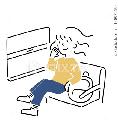 Female traveler looking at the scenery from the train window 120973592