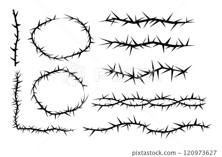 Thorn stem vine plant with spikes simple border y2k creepy branch. Barbed wire tattoo. Boundary frame.  120973627