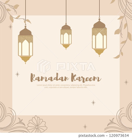 Ramadan Kareem Islamic Greeting Card Frame Background with Hanging Lamp Light Lantern Decoration Ramadan Kareem Islamic Greeting Card Frame Background with Hanging Lamp Light Lantern Decoration 120973634