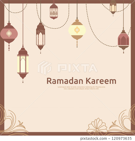 Ramadan Kareem Islamic Greeting Card Frame Background with Hanging Lamp Light Lantern Decoration Ramadan Kareem Islamic Greeting Card Frame Background with Hanging Lamp Light Lantern Decoration 120973635