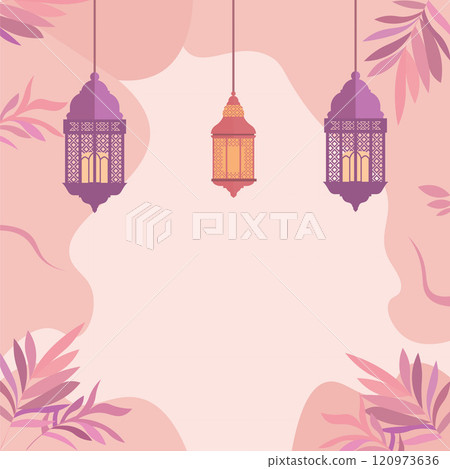 Empty Islamic Greeting Card Frame Background with Lantern and Floral Decoration 120973636