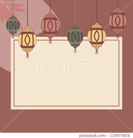 Empty Islamic Greeting Card Frame Background with Lantern Decoration Empty Islamic Greeting Card Frame Background with Lantern Decoration 120973638