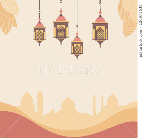 Empty Islamic Greeting Card Frame Background with Mosque Lantern Decoration Empty Islamic Greeting Card Frame Background with Mosque Lantern Decoration 120973639