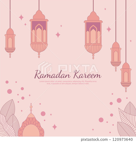Ramadan Kareem Islamic Greeting Card Background with Hanging Lantern and Floral Decoration Ramadan Kareem Islamic Greeting Card Background with Hanging Lantern and Floral Decoration 120973640