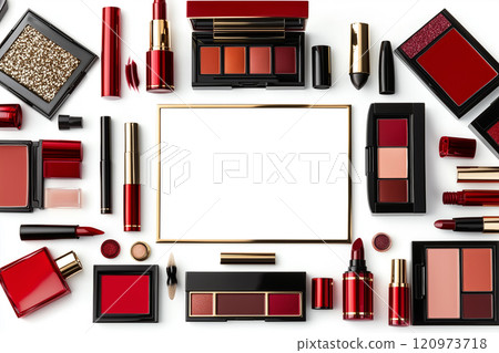 Elegant Arrangement of Cosmetic Beauty Products in Red, Featuring Various Lipsticks, Eyeshadows, and Blushes with a Blank Space for Customization 120973718