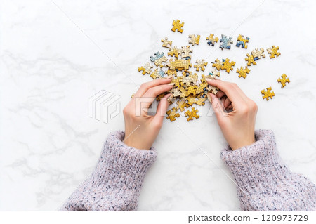 Hands Assembling Colorful Jigsaw Puzzle Pieces on White Marble Surface for Relaxation and Leisure Activities Hands Assembling Colorful Jigsaw Puzzle Pieces on White Marble Surface for Relaxation and Leisure Activities 120973729