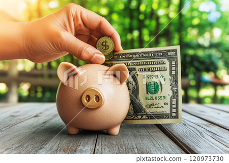 Hand Inserting Coin and Dollar Bill into Piggy Bank with Blurred Green Background, Representing Savings, Investment, and Personal Wealth Management Concepts Hand Inserting Coin and Dollar Bill into Piggy Bank with Blurred Green Background, Representing Savings, Investment, and Personal Wealth Management Concepts 120973730