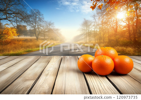 Fresh Oranges in a Wooden Crate Set Against a Serene Autumn Landscape with a Road and Sunlight Filtering Through Trees 120973735