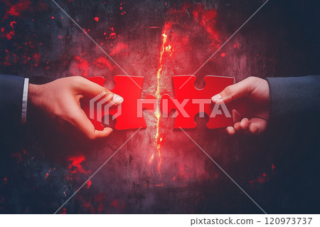 Hands Holding Two Red Jigsaw Puzzle Pieces Amidst a Dark Background, Symbolizing Connection and Collaboration in Problem-Solving Scenarios 120973737
