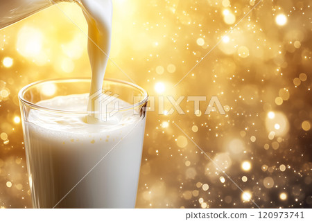 Fresh Milk Poured Into a Clear Glass on a Wooden Table Surrounded by Shimmering Golden Background for a Bright and Inviting Atmosphere 120973741