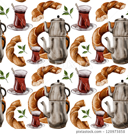 Seamless pattern with oriental delicacies. Turkish tea and bagel. Glass and two-tiered teapot. Eastern samovar. Everything for tea drinking. Without background. Watercolor illustration.  120973858