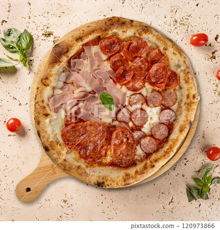 Generated imageDelicious pizza with ham and sausages resting marble board 120973866