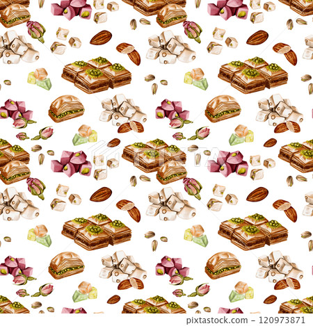 Seamless pattern with Turkish sweets. Different types of lokum. Baklava with nuts and pistachios. Rosebuds and nuts. Multicolored sweets. Watercolor illustration without background.  120973871