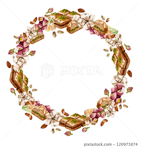 Frame of Turkish sweets. Lokum, baklava, nuts and nougat. Multicolored delicacies. Watercolor illustration. Frame of Turkish sweets. Lokum, baklava, nuts and nougat. Multicolored delicacies. Watercolor illustration. 120973874