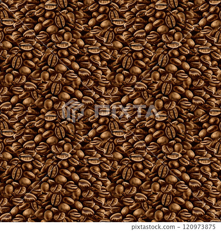 Seamless pattern with coffee beans. Even layer of coffee beans. Brown and dark brown colors. Watercolor illustration.  120973875