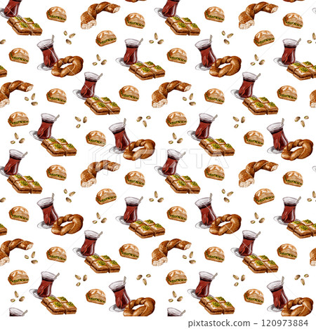 Seamless pattern with Turkish tea. Tea in a glass and baklava and simit bagel. Nuts and sweets. Watercolor illustration without background.  120973884