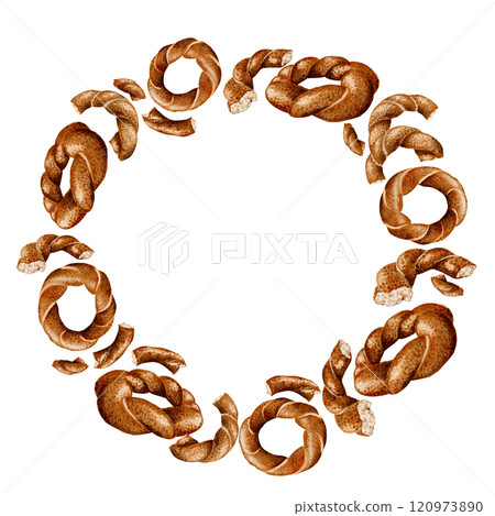 Wreath of Simito bagels. Koassic Turkish bun. Bagel with sesame seeds. Space for inscription inside. Watercolor illustration.  120973890